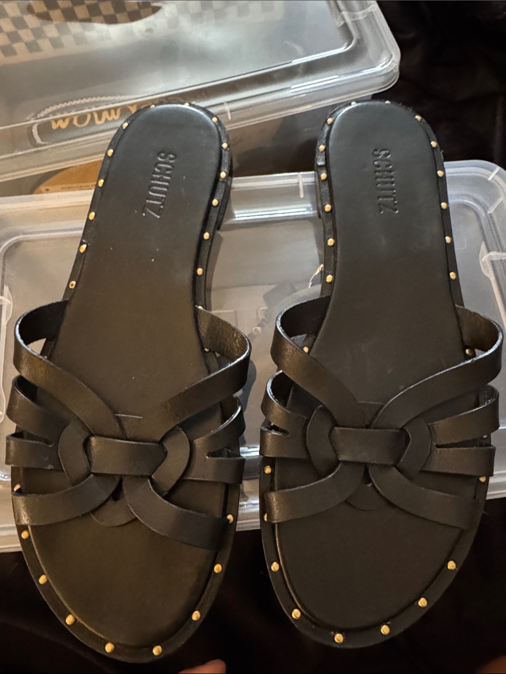 SCHUTZ Black Leather Slide Sandals with Gold Stud Trim